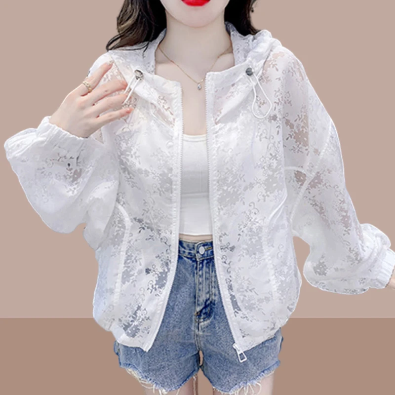 高级感镂空透气连帽长袖外套女2025夏季新款舒适白色防晒衣开衫女