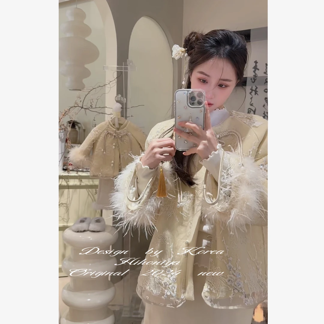 【落花如雪】二Hihoniya~2024冬季亲子款气质国风90白鸭绒羽绒服