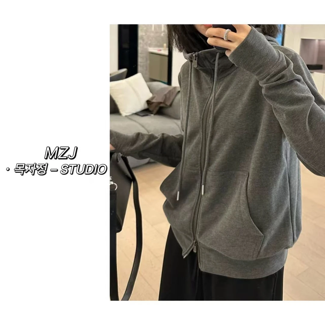 木子静-「冬日心机」韩系拼接连帽双开拉链口袋开衫卫衣-9133