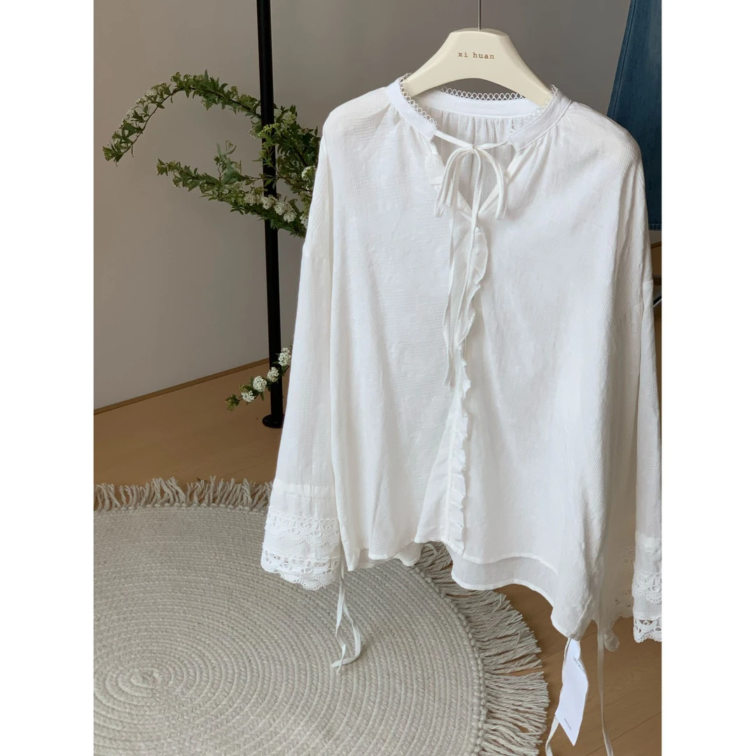 荷叶边衬衣时尚V领夏季凉感刺绣衬衫梦幻风丝光设计感褶皱