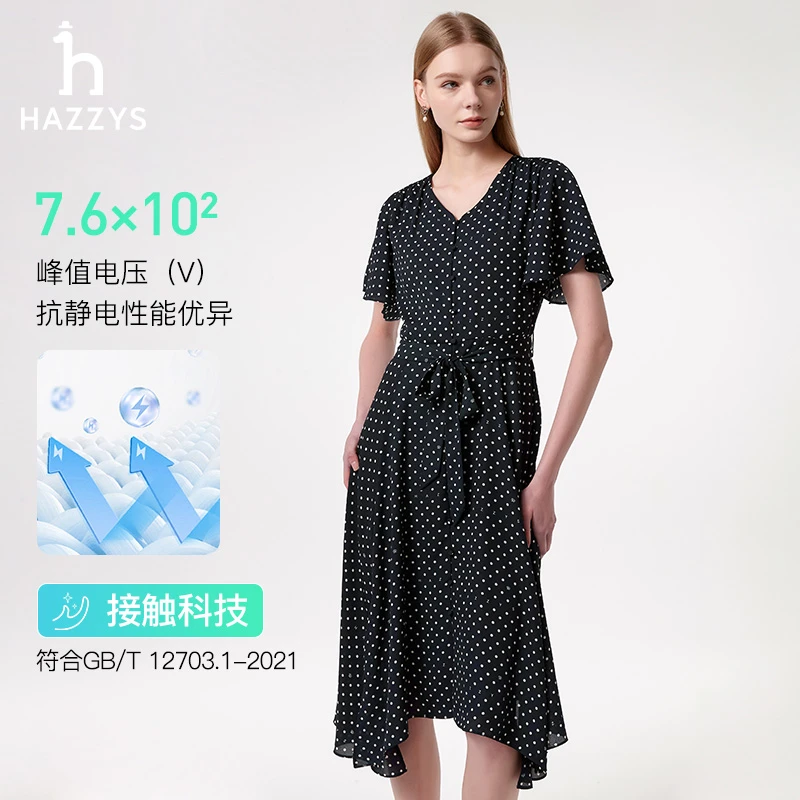 【PHIZ】Hazzys哈吉斯波点连衣裙短袖时尚夏季黑色收腰女装裙子