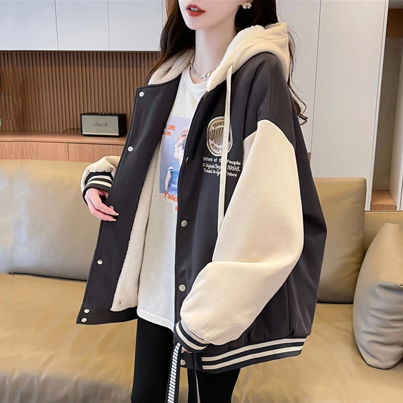 连帽棒球服棉服女秋冬季加绒加厚卫衣2025新款初高中学生棉衣外套