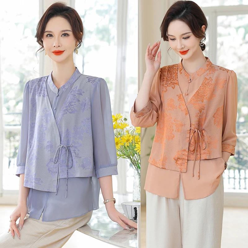 中年妈妈夏装国风衬衫套装2025新款洋气中老年女装t恤上衣