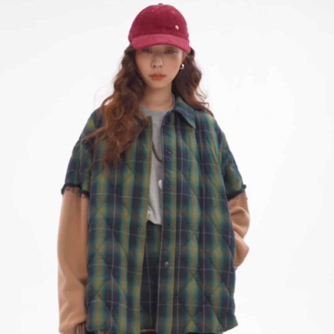 6776假两件格纹衬衣新款宽松休闲上衣女He