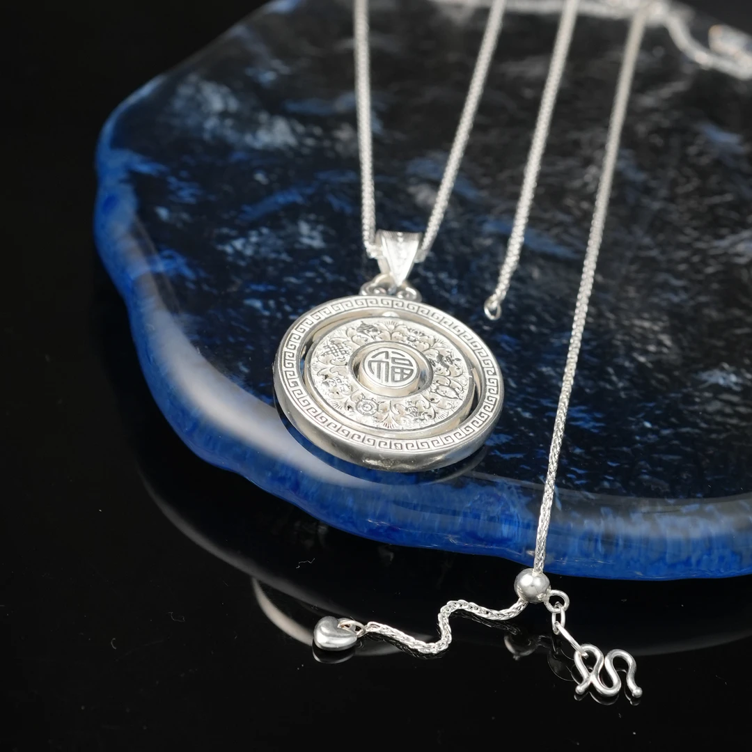 足银银制品 【时来运转套链】黔喜银饰时尚双面八宝罗盘转动轻奢