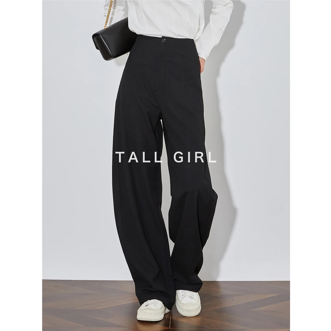 【弧形分割】高腰弧形黑色西装裤女春加长垂感休闲阔腿裤｜2337