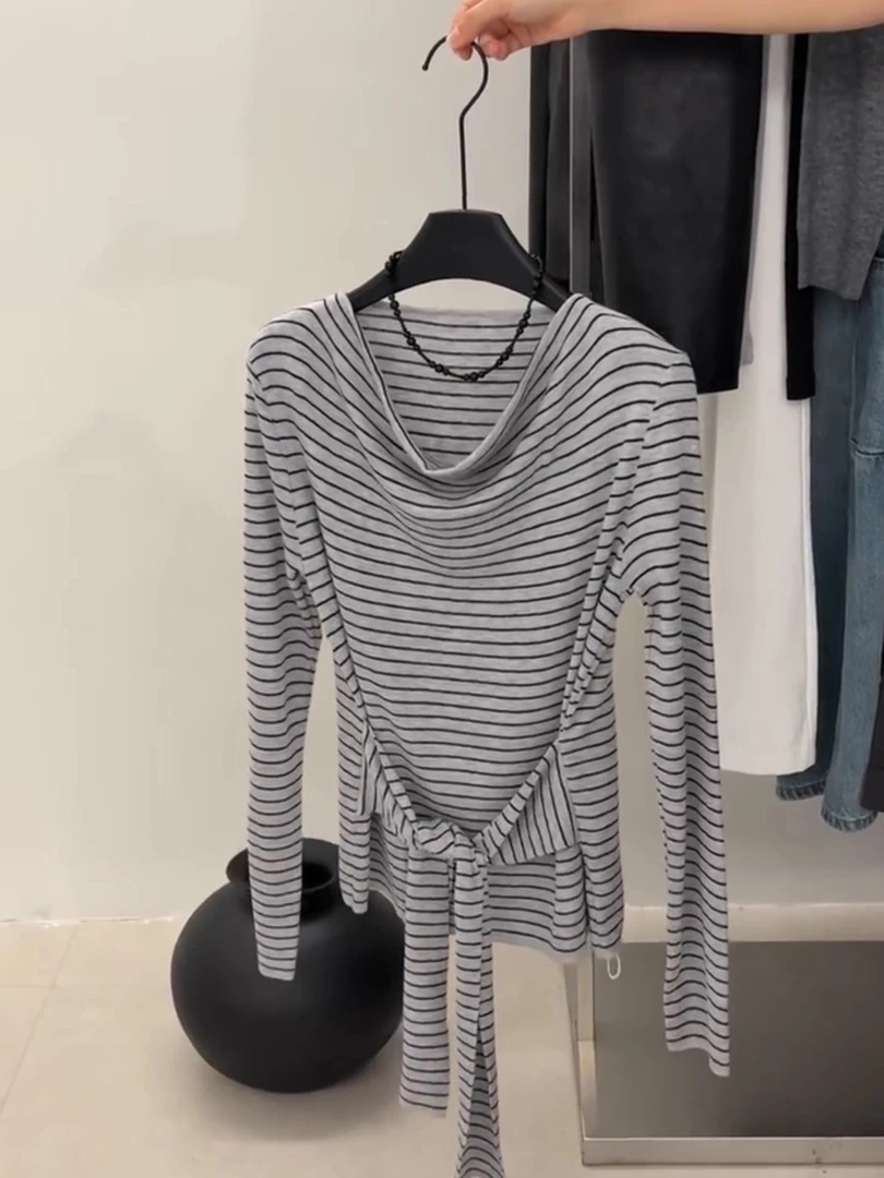 韩系氛围感早秋荡领条纹收腰长袖t恤女款2025新款巨好看轻熟上衣