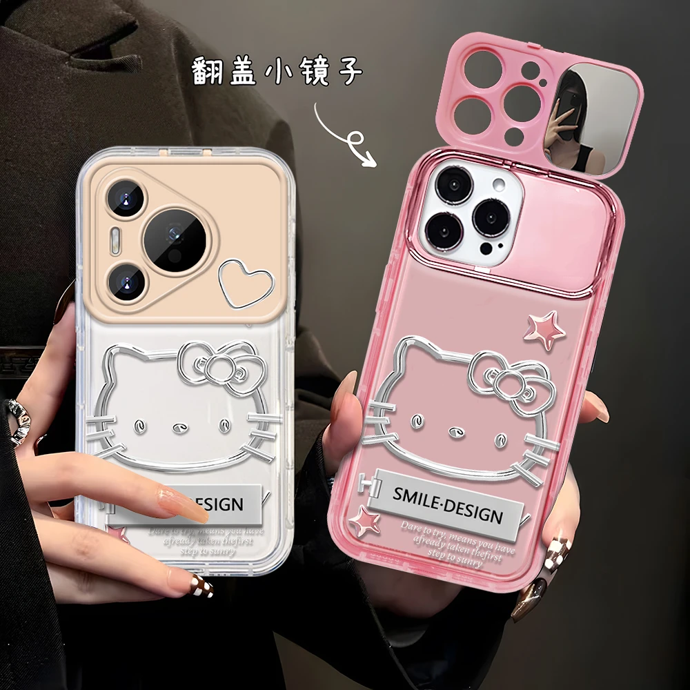 简约线条爱心凯蒂猫适用于华为Pura70/P60/50防摔镜子手机壳