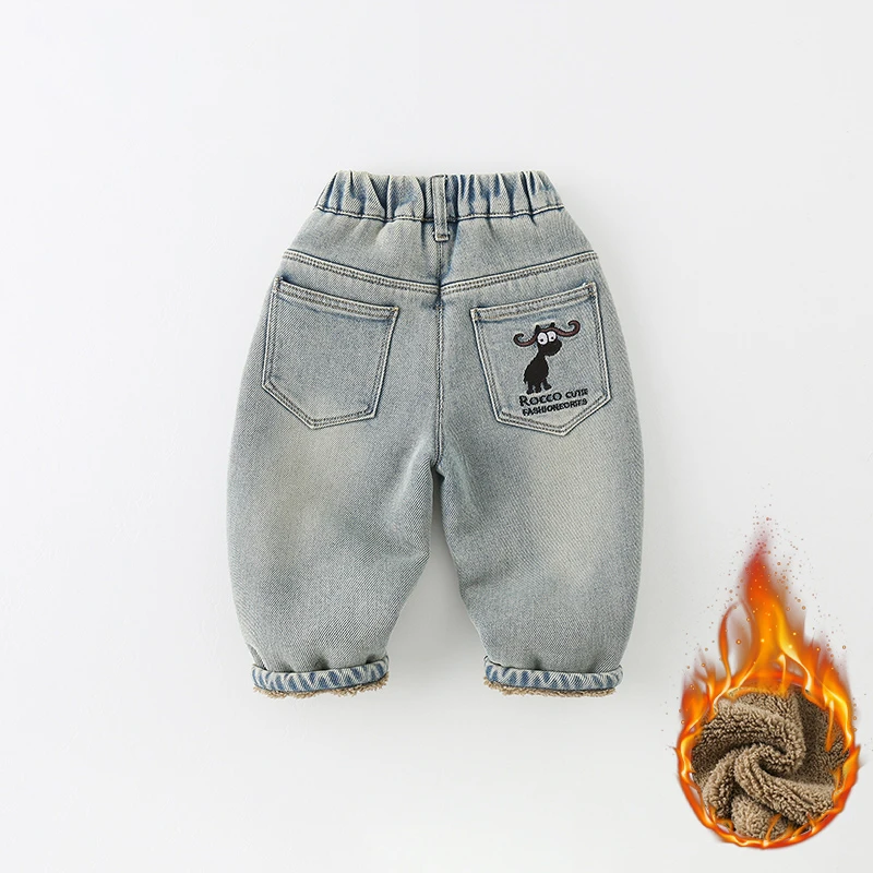 儿童牛仔裤冬季2024新款男童洋气卡通字母保暖中小童裤子