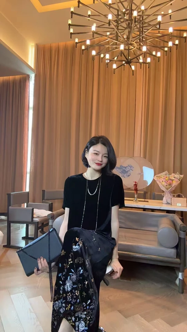 TANTAN  XD 真丝丝绒 下摆印花连衣裙2193