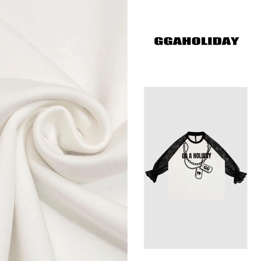 【上新】GGAHOLIDAY美式宽松潮流蕾丝拼接圆领长袖拼色印花T-152577