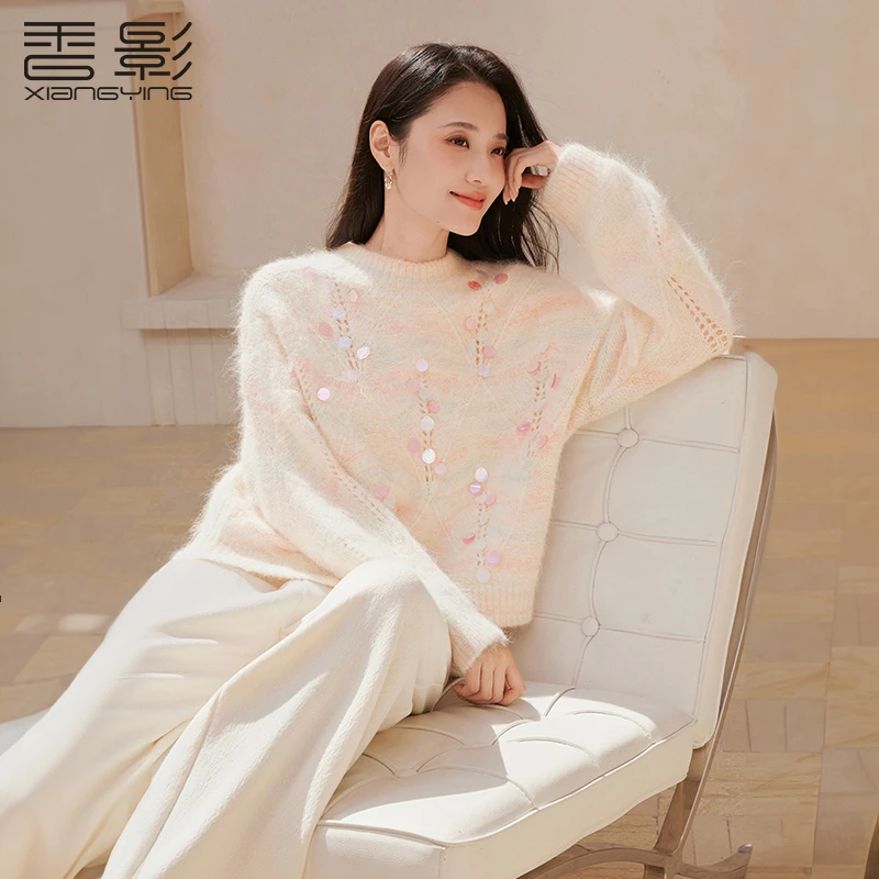 【CC王专属】M85W007毛针织衫香影罗纹圆领针织衫女冬季新款镂空