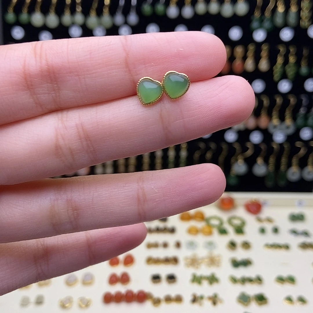 和田玉银S925镀金镶嵌耳饰