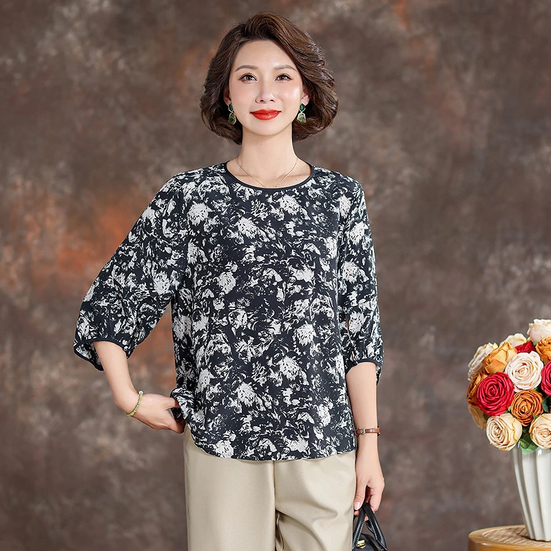 齐黛国际品牌真丝上衣女2025新款长袖印花圆领洋气妈妈真丝衬衫夏