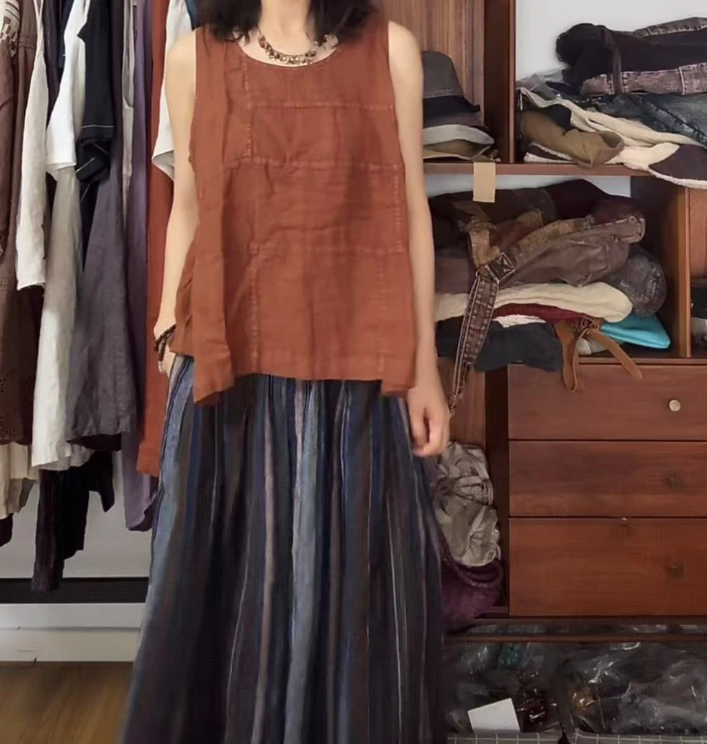 复古做旧焦糖色亚麻背心