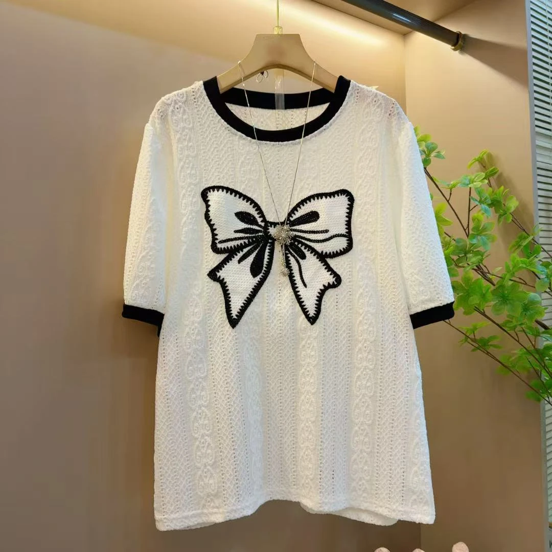 2025春夏新款百搭时尚宽松蝴蝶结遮肉透气短袖T恤上衣（长64左右）