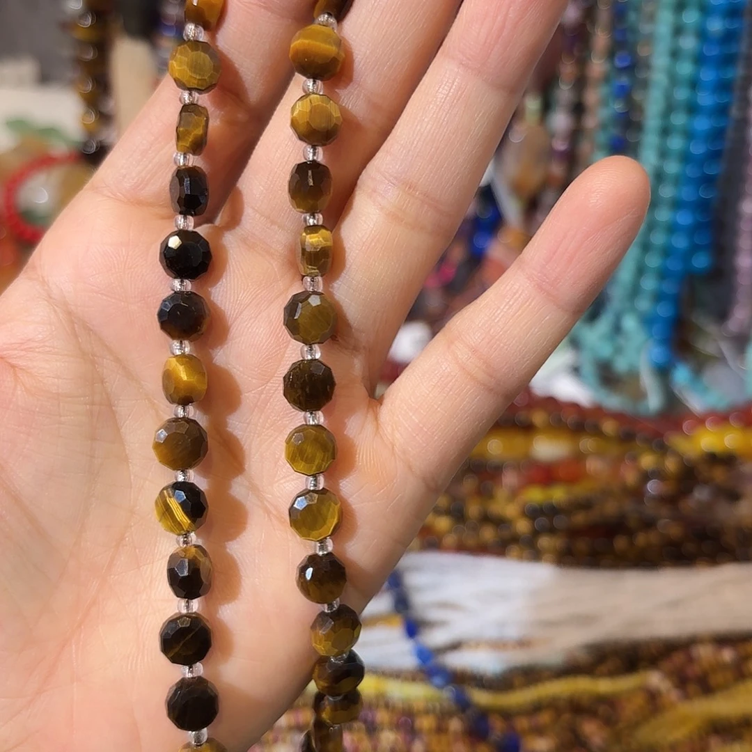 玛瑙/玉髓银S925镀金镶嵌珠宝半成品虎眼卡8切面一条