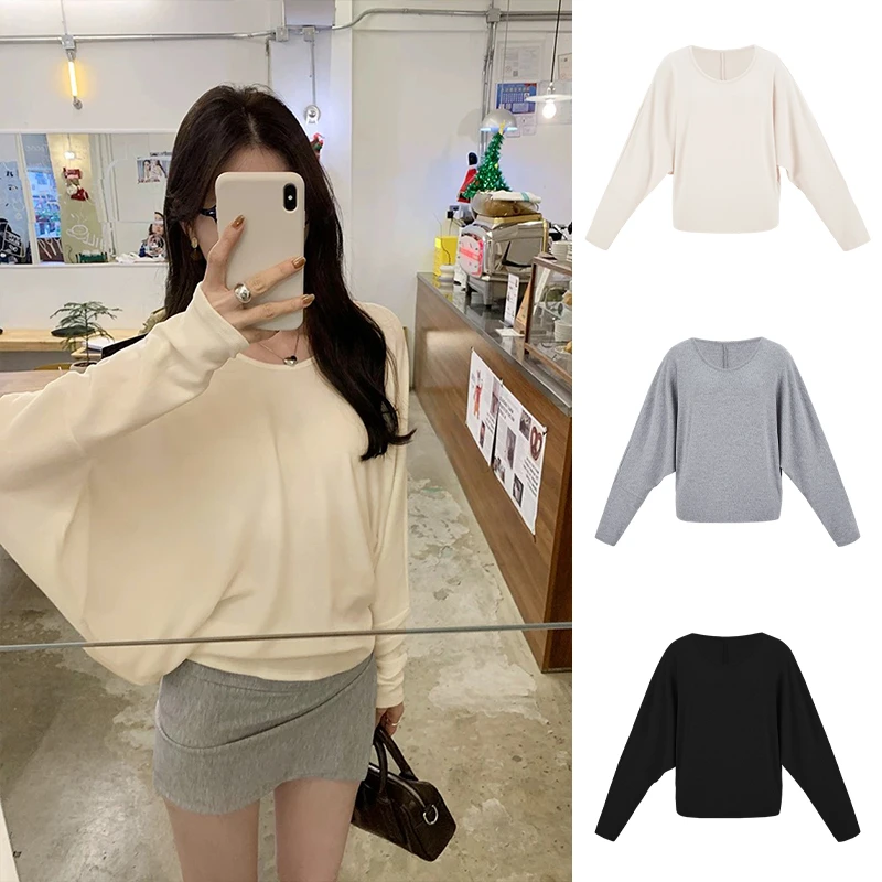 Moses Queen/魔西女王纯色U领蝙蝠袖T恤秋季慵懒风宽松百搭上衣女