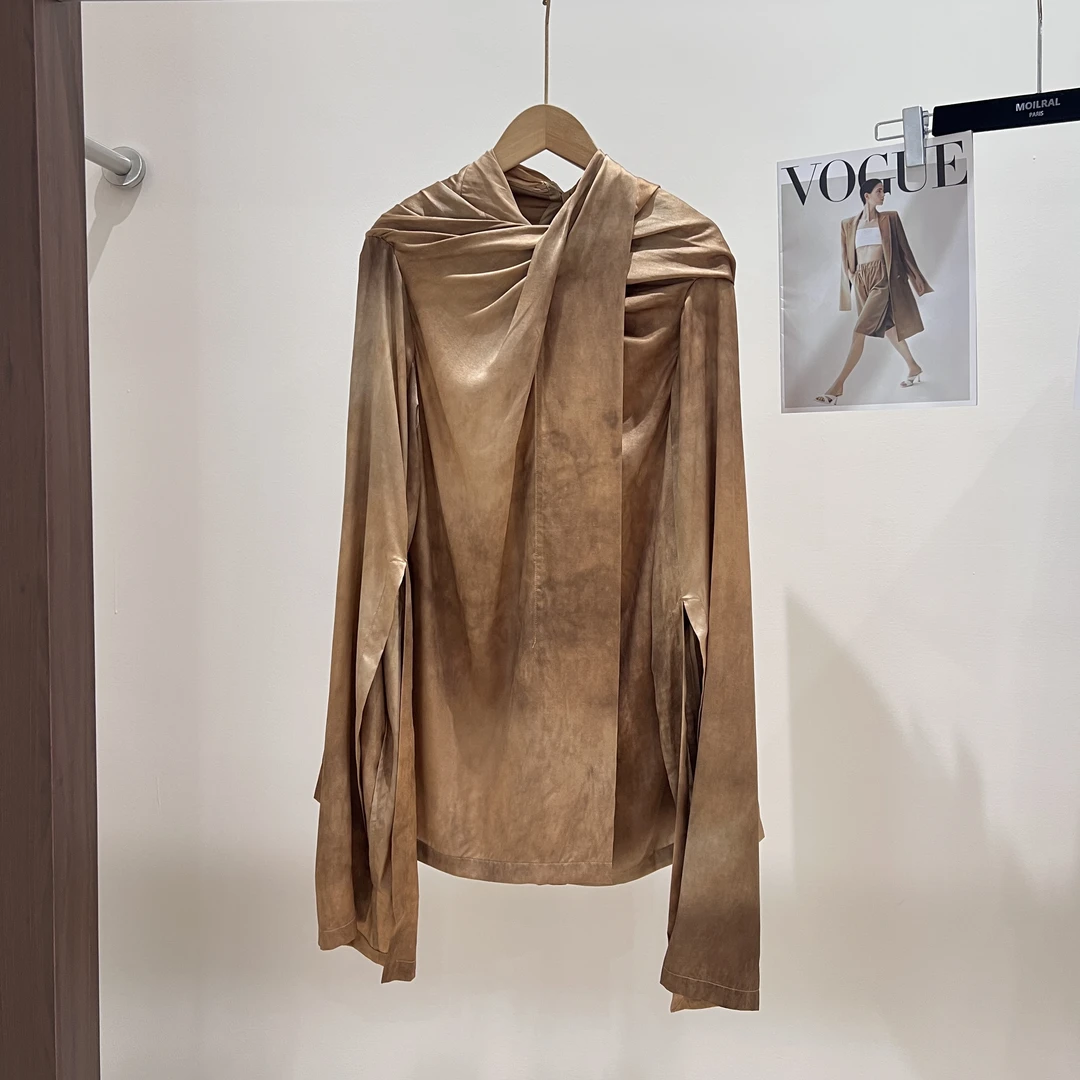 ZZ立领衬衫袖套头长袖印花法式衬衫百搭咖色休闲女士X066