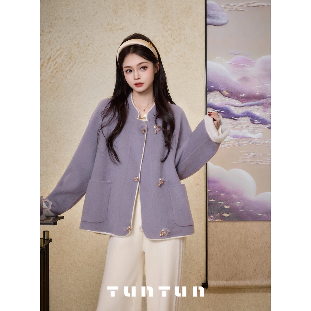 吞吞TUNT【紫丁香】双面双穿 新中式紫白撞色短大衣