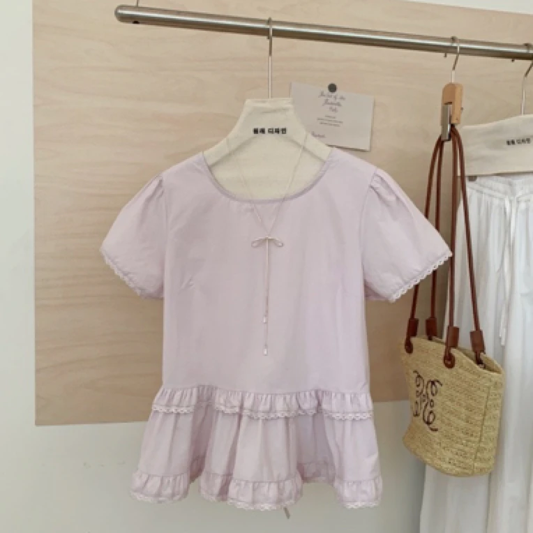 3380韩系时尚百搭宽松蕾丝花边拼接短袖衬衫女夏季上衣小衫