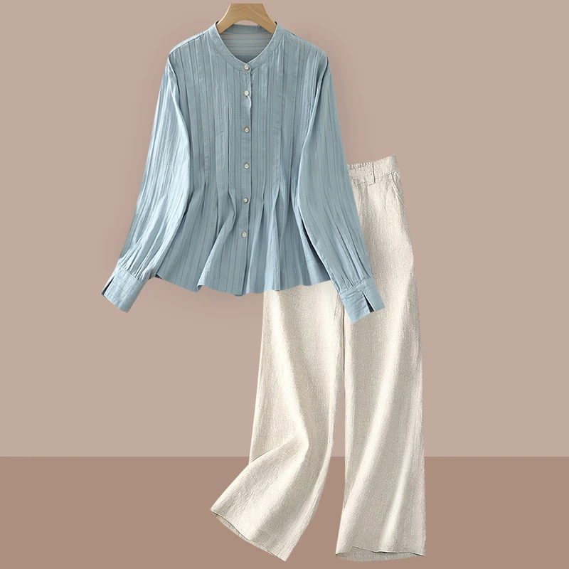 高级感轻奢苎麻套装女士早秋装妈妈时尚洋气亚麻衬衫阔腿裤两件套