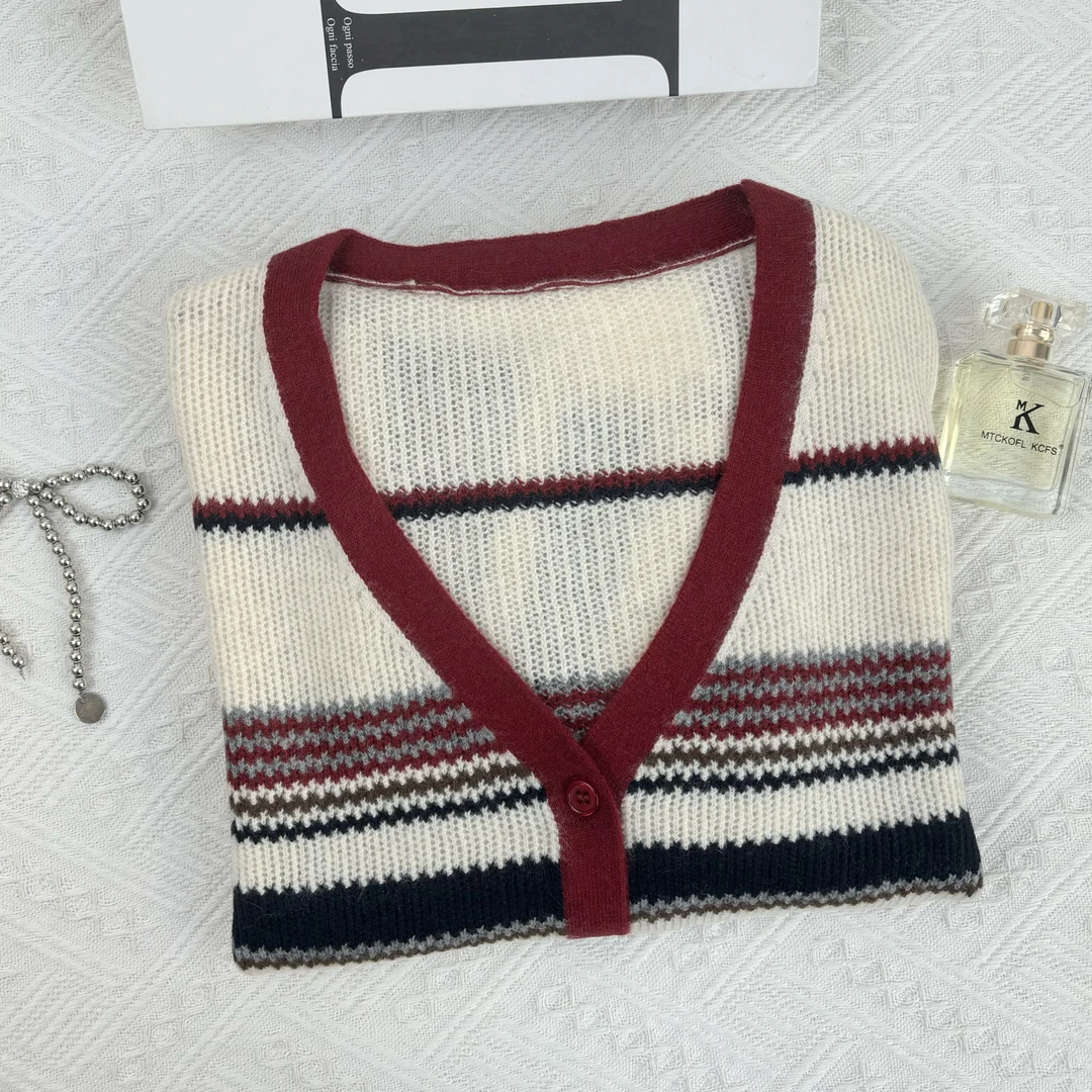 玲姐定制-米白薄款V领条纹款针织开衫280309