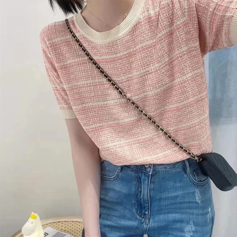 短袖条纹针织衫女薄款夏季新款时尚洋气宽松镂空百搭圆领套头上衣