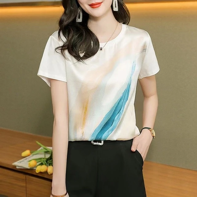 桑蚕丝短袖t恤女2025新款夏季宽松显瘦体恤半袖印花真丝绸缎上衣