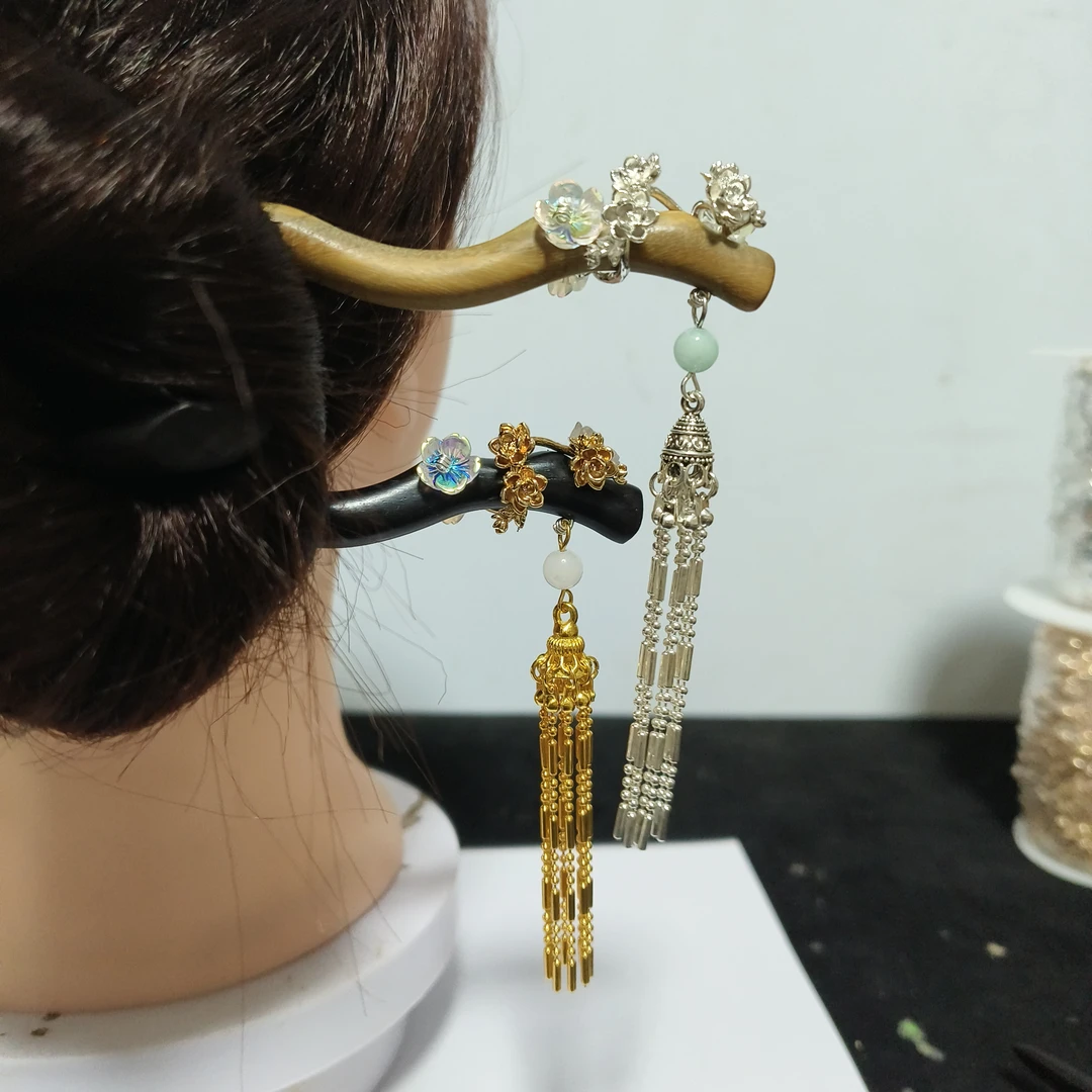 A026黑檀木树枝梅花流苏发簪古风新中式汉服盘发头饰女原创简约