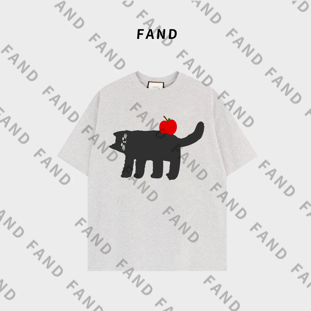 FAND品牌【猫与苹果】2025网红款夏季情侣装印花宽松圆领短袖T恤