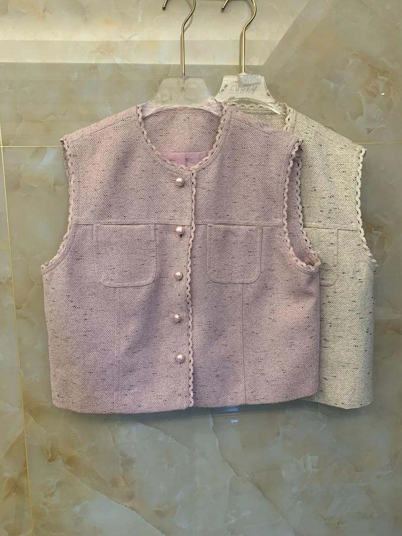 168097 珍珠单排扣镂空气质夏季纯色宽松型马夹文艺风上衣女装