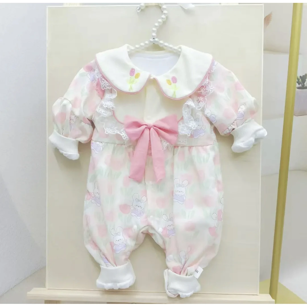 春秋款婴儿女宝宝外出爬服蝴蝶结连体衣满月女童长袖公主洋气韩版