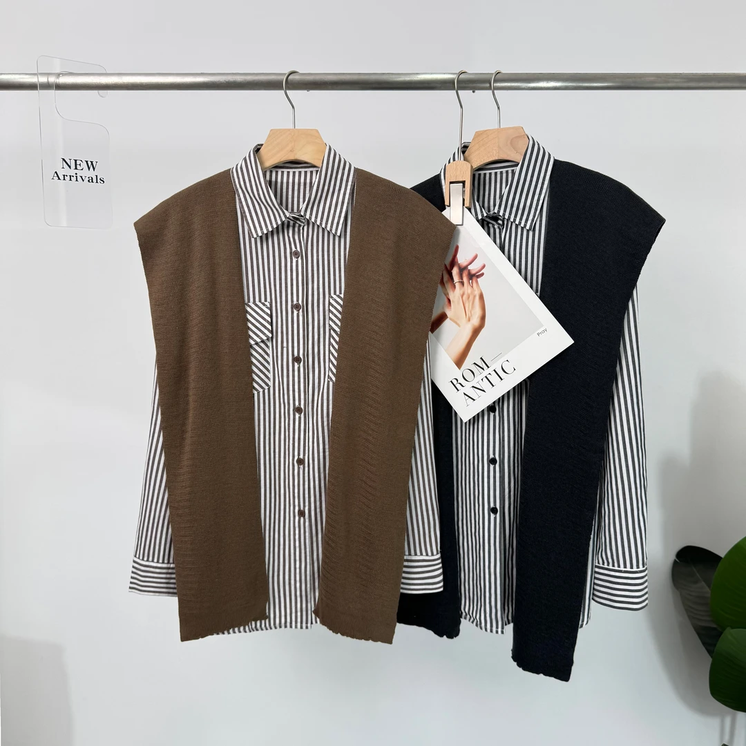 C508不起球针织翻领秋季薄款条纹外套时尚衬衫（带披肩）361Z