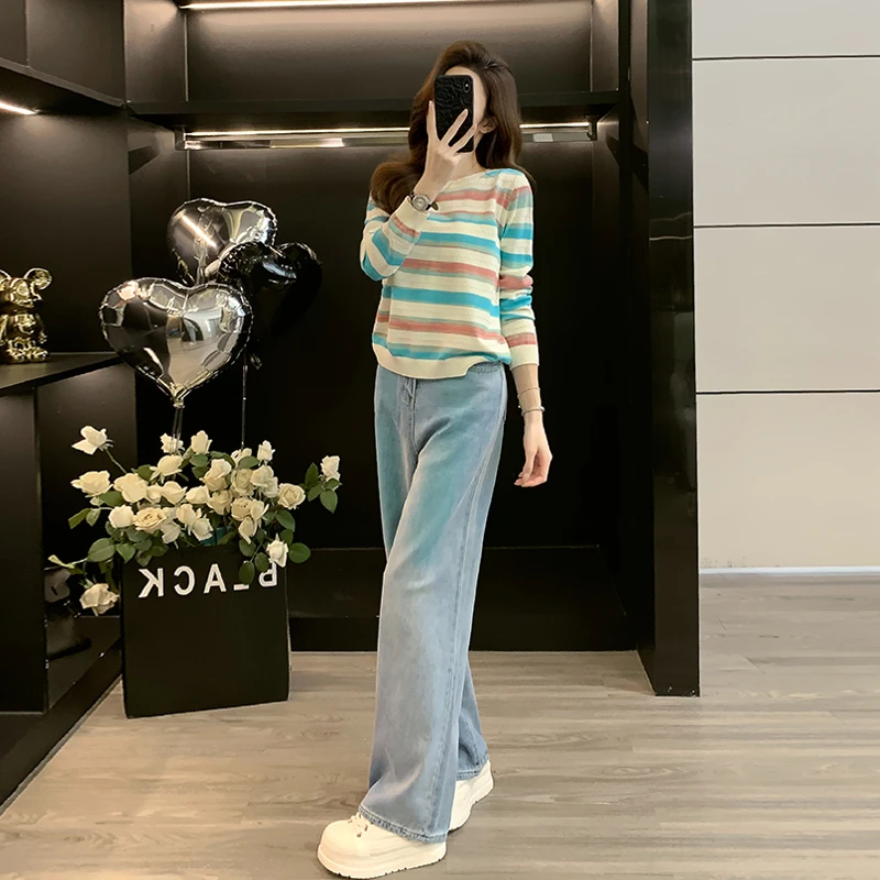 春秋新款条纹针织打底衫女内搭毛衣外穿上衣阔腿直筒牛仔裤两件套