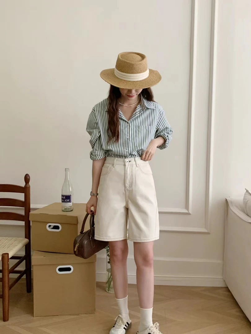 裤子自然腰夏季高腰短裤百搭直筒ins风彩点杏色蓝色牛仔裤