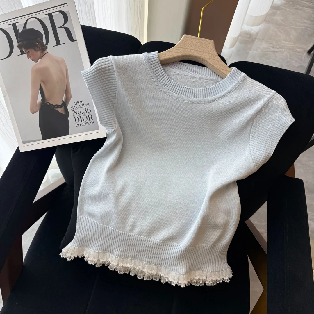 【京妮儿推荐】温柔减龄蕾丝边女设计感小众独特别致无袖上衣7225