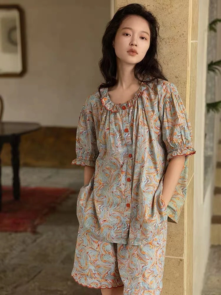 碎花短裤短袖夏季休闲睡衣印花春夏宽松家居服套装甜美薄款提花
