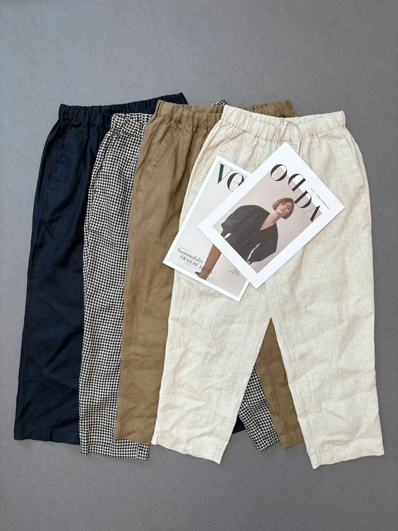 日单夏季亚麻松紧腰哈伦裤