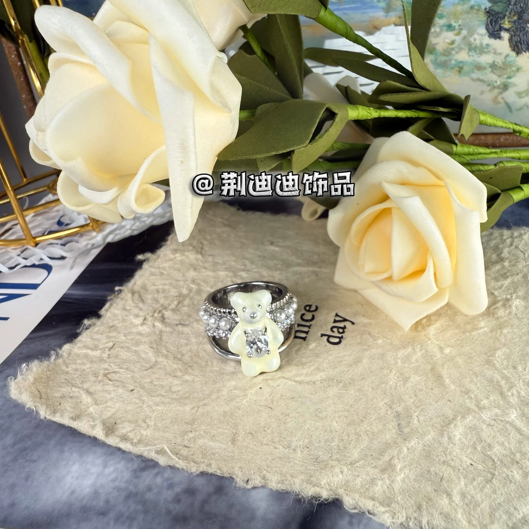 铜合金珐琅戒指 白色小熊贝珠锆石戒指JZ-1018