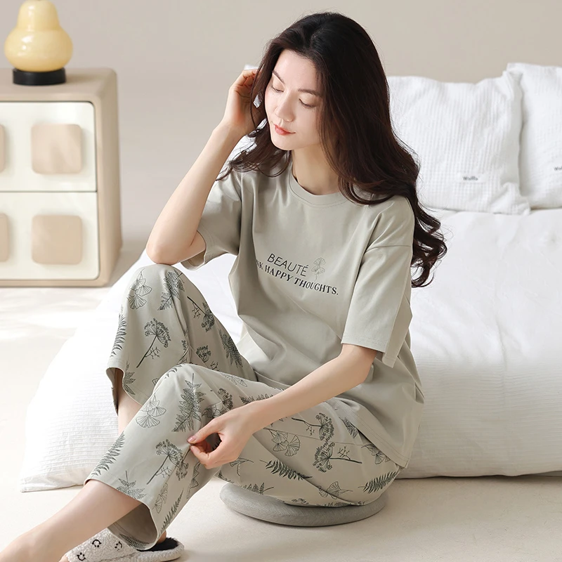 睡衣女2025夏天短袖长裤夏季休闲宽松加大码可外穿女士家居服套装