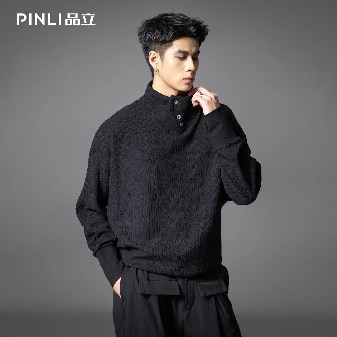 PINLI品立2025秋季新款设计感半排扣立领卫衣宽松休闲套头男上衣