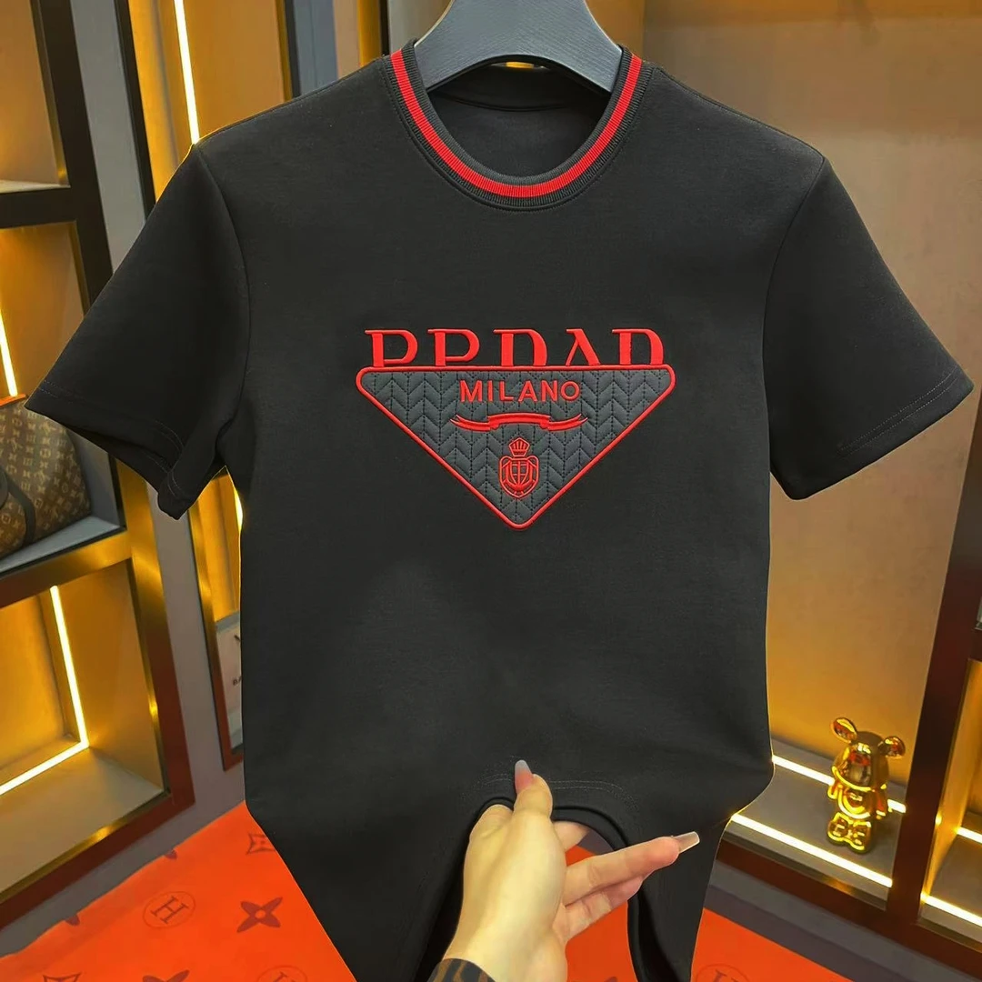 2025春季新款圓領男士輕奢休閑半袖修身设计師刺繡半袖9089款