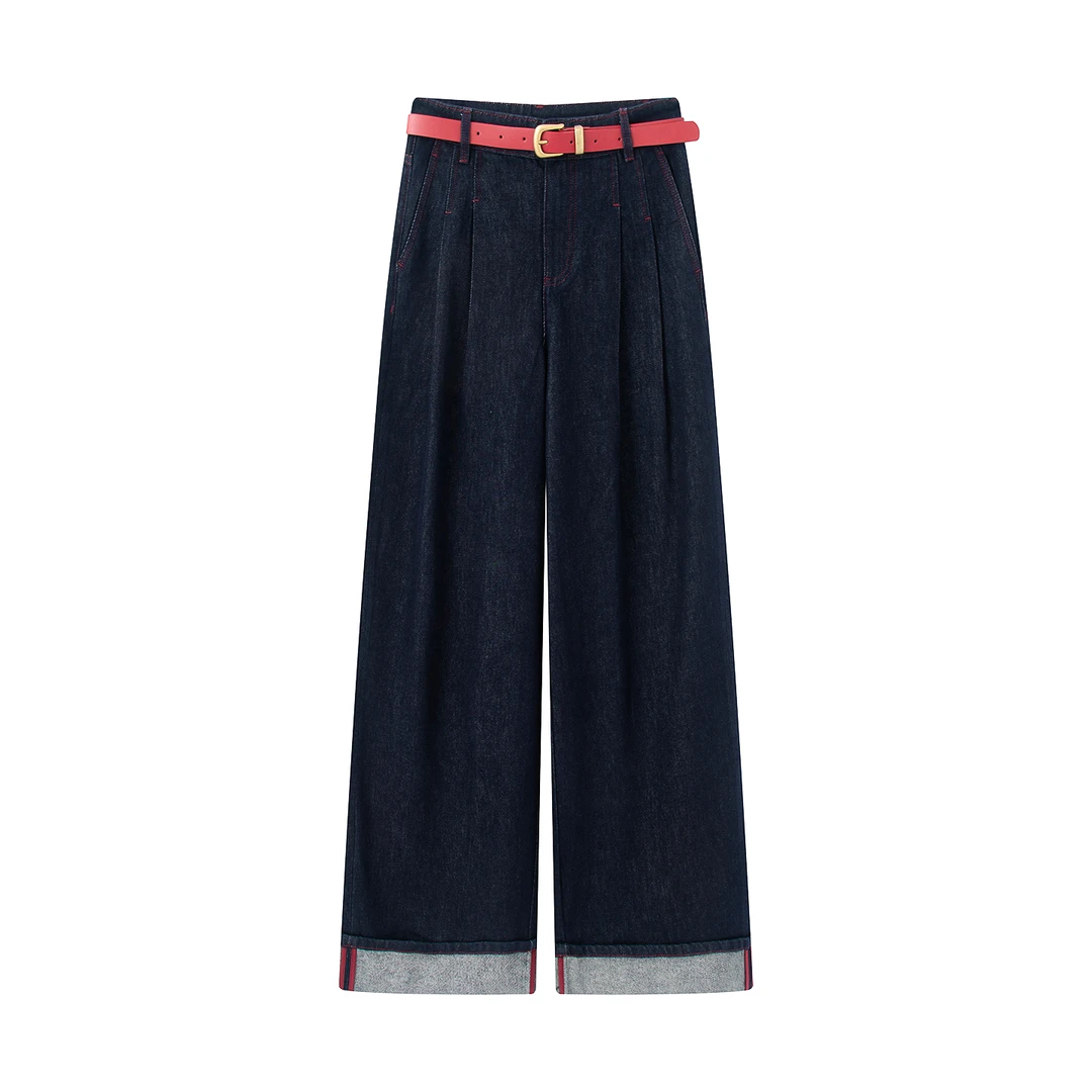 【直播专享】2026春复古撞色腰带装饰百搭阔腿牛仔裤长裤女1150