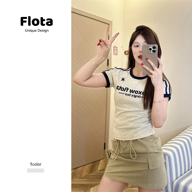 【flota】美式复古字母印花撞色条纹插肩短袖夏季修身短款上衣1158