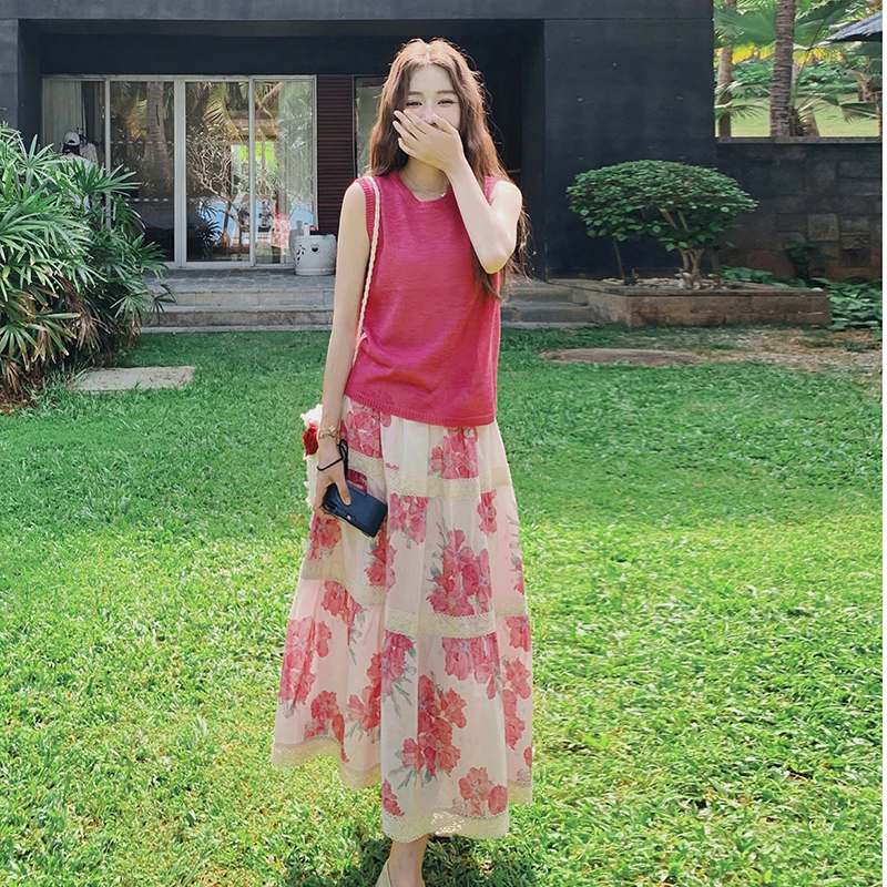 多巴胺粉色针织背心碎花半身裙套装女夏新款甜美少女感两件套