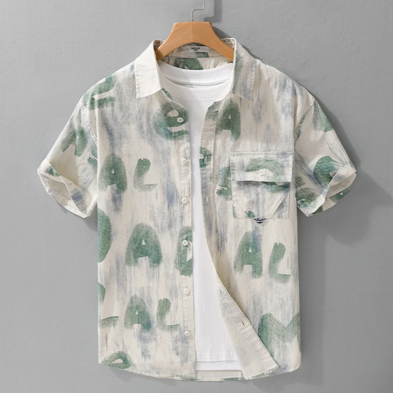 夏季薄款短袖衬衫潮流高级感印花衬衣简约薄款休闲宽松流行男上衣