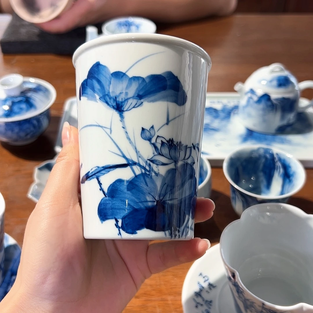 d***n青花手绘荷花可乐杯