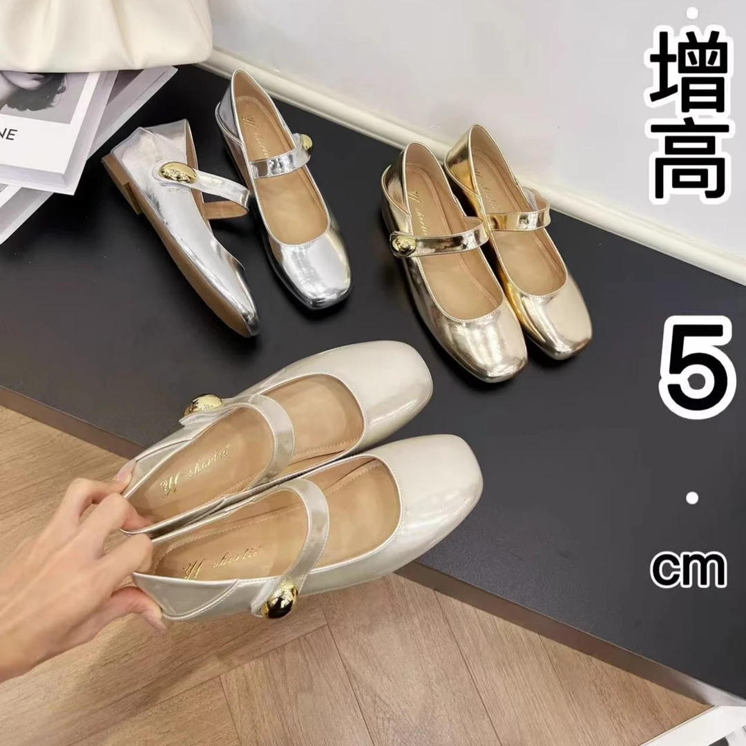 2025年新款法式气质方头内增高单鞋女浅口一字扣带平底玛丽珍女鞋