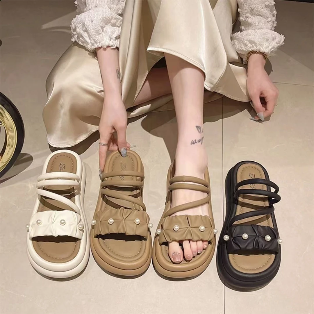 夏季串珠一字拖不累脚外穿拖鞋平底网红百搭时尚外穿